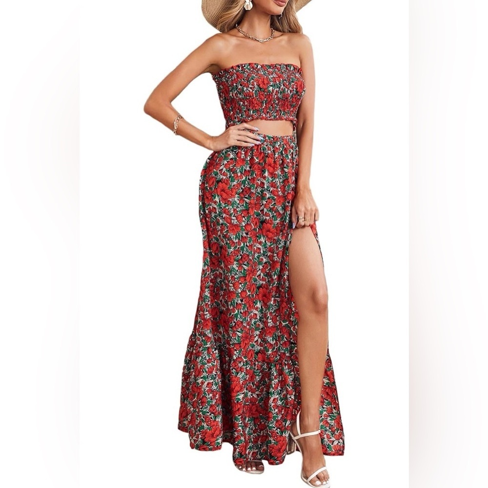 Floral Smocked Two-Piece Maxi Dress Set | Cottagecore Boho Summer Aesthetic | L